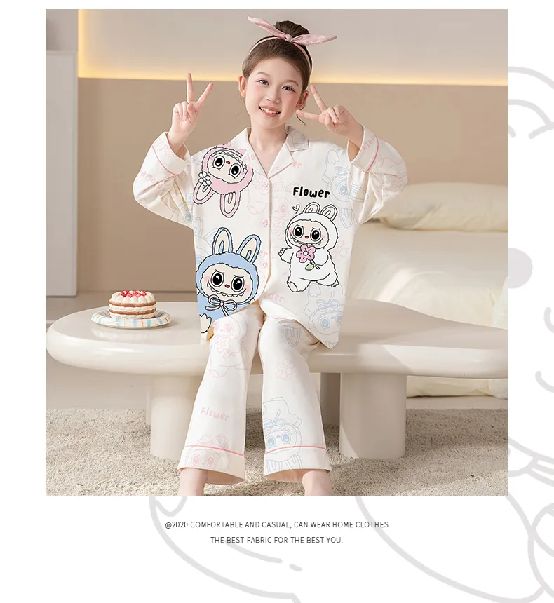 Girls' Pajamas Pure Cotton New Long Sleeve Long Pants Cartoon Cute Lapel Cardigan Wearable Outside Loungewear Set · Wholesale · OEM · Worldwide Shipping - Detail 12