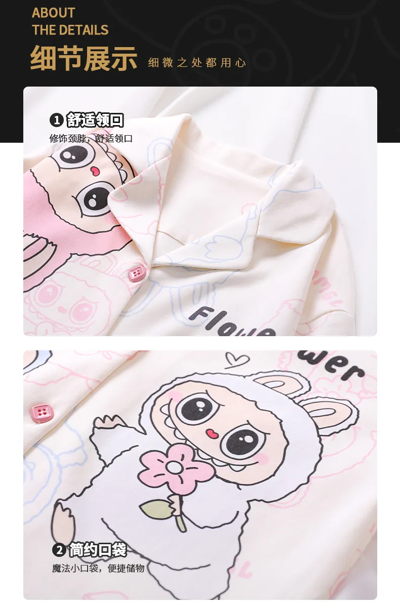 Girls' Pajamas Pure Cotton New Long Sleeve Long Pants Cartoon Cute Lapel Cardigan Wearable Outside Loungewear Set · Wholesale · OEM · Worldwide Shipping - Detail 6