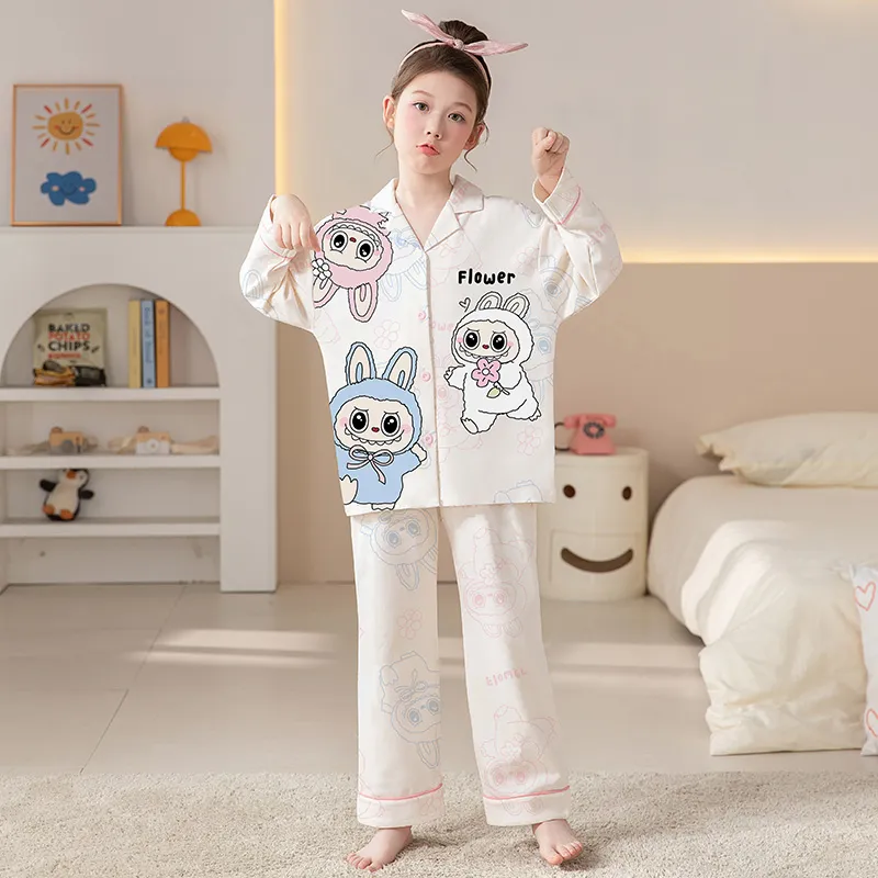 Girls' Pajamas Pure Cotton New Long Sleeve Long Pants Cartoon Cute Lapel Cardigan Wearable Outside Loungewear Set · Wholesale · OEM · Worldwide Shipping - View 2