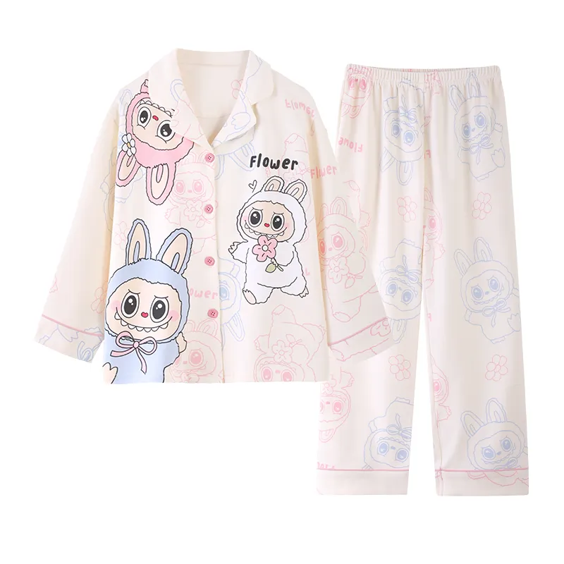 Girls' Pajamas Pure Cotton New Long Sleeve Long Pants Cartoon Cute Lapel Cardigan Wearable Outside Loungewear Set · Wholesale · OEM · Worldwide Shipping - View 4