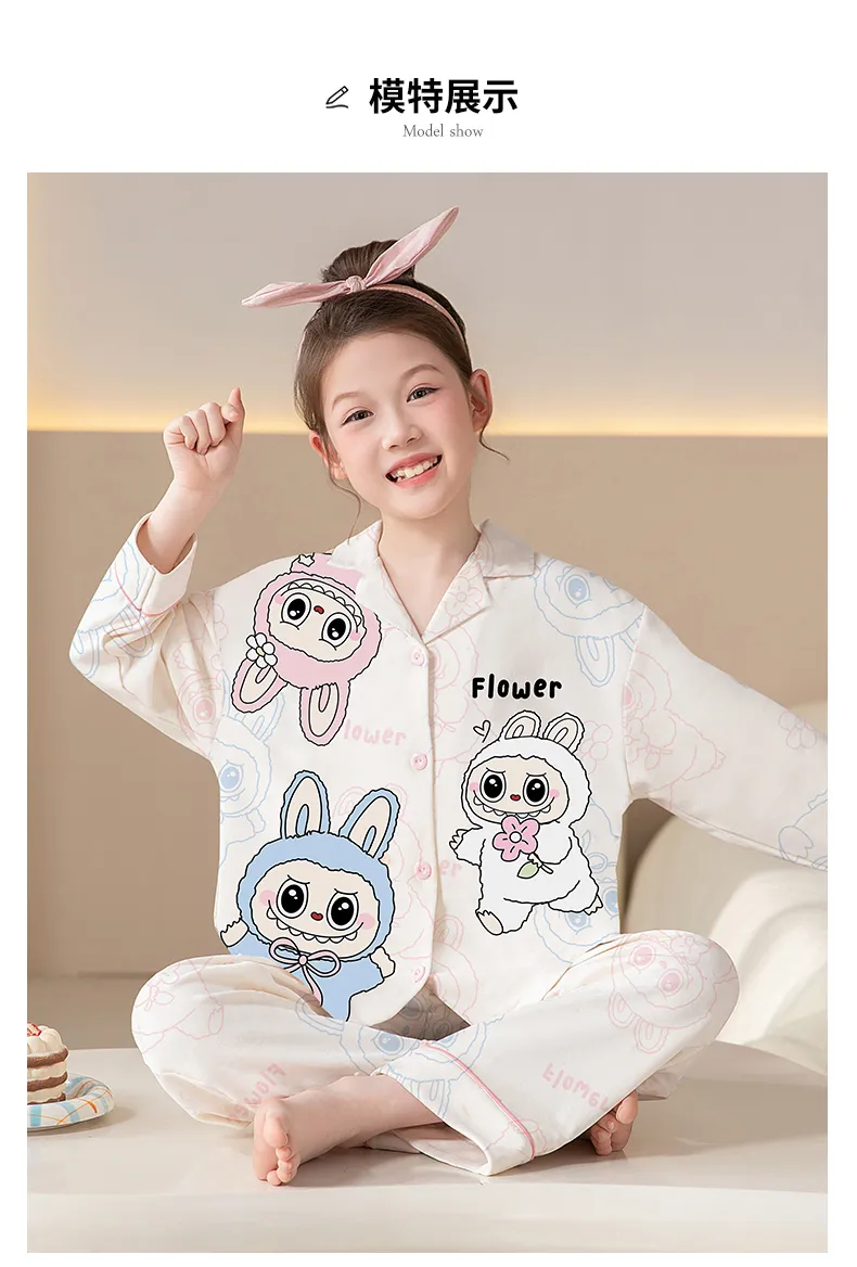 Girls' Pajamas Pure Cotton New Long Sleeve Long Pants Cartoon Cute Lapel Cardigan Wearable Outside Loungewear Set · Wholesale · OEM · Worldwide Shipping - Detail 9