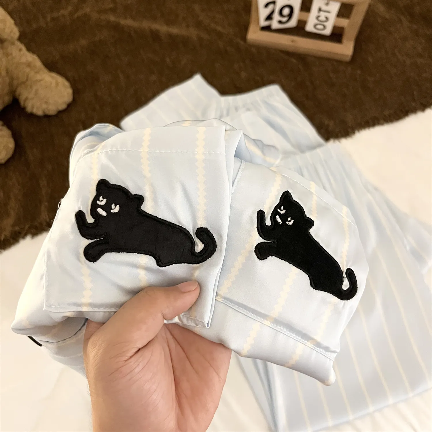 Couple Ice Silk Double Long #Sea Salt Black Cat Cute Spring Autumn Pajamas Women Long Sleeve Wearable Outside Homewear Set · Wholesale · OEM · Worldwide Shipping - Detail 11