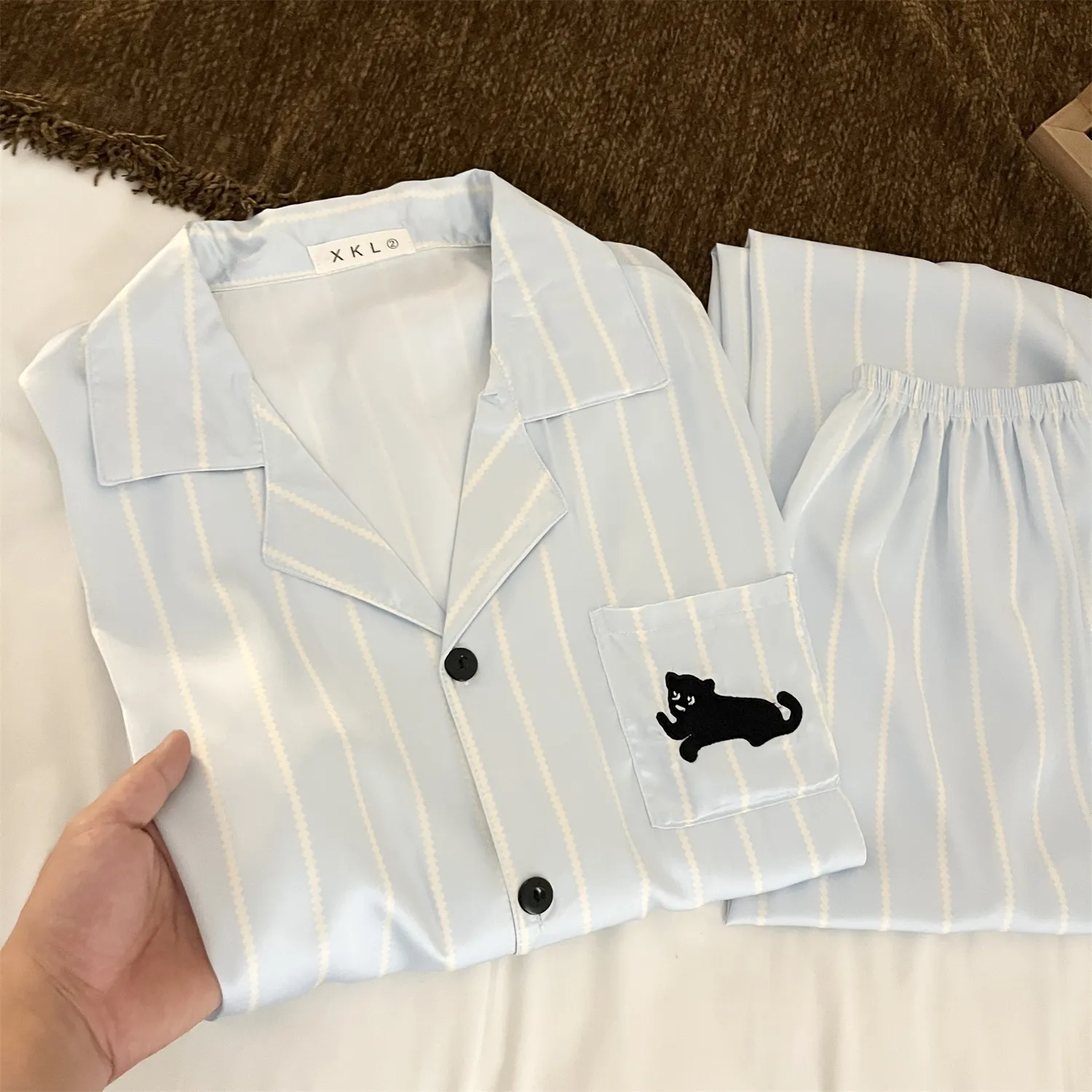 Couple Ice Silk Double Long #Sea Salt Black Cat Cute Spring Autumn Pajamas Women Long Sleeve Wearable Outside Homewear Set · Wholesale · OEM · Worldwide Shipping - Detail 10
