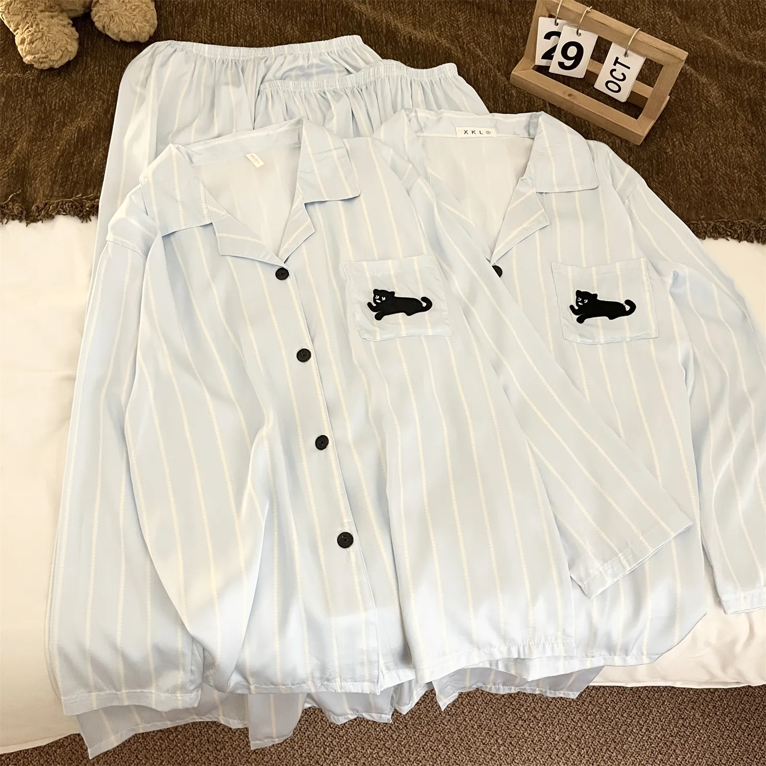 Couple Ice Silk Double Long #Sea Salt Black Cat Cute Spring Autumn Pajamas Women Long Sleeve Wearable Outside Homewear Set · Wholesale · OEM · Worldwide Shipping - View 1