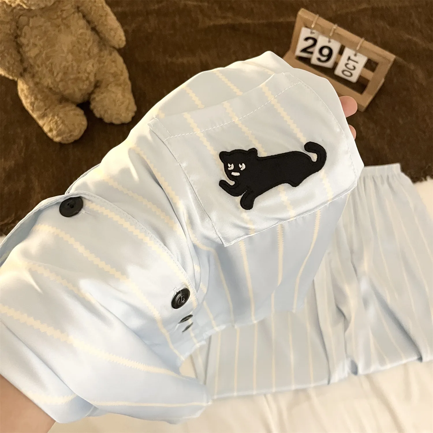 Couple Ice Silk Double Long #Sea Salt Black Cat Cute Spring Autumn Pajamas Women Long Sleeve Wearable Outside Homewear Set · Wholesale · OEM · Worldwide Shipping - Detail 16