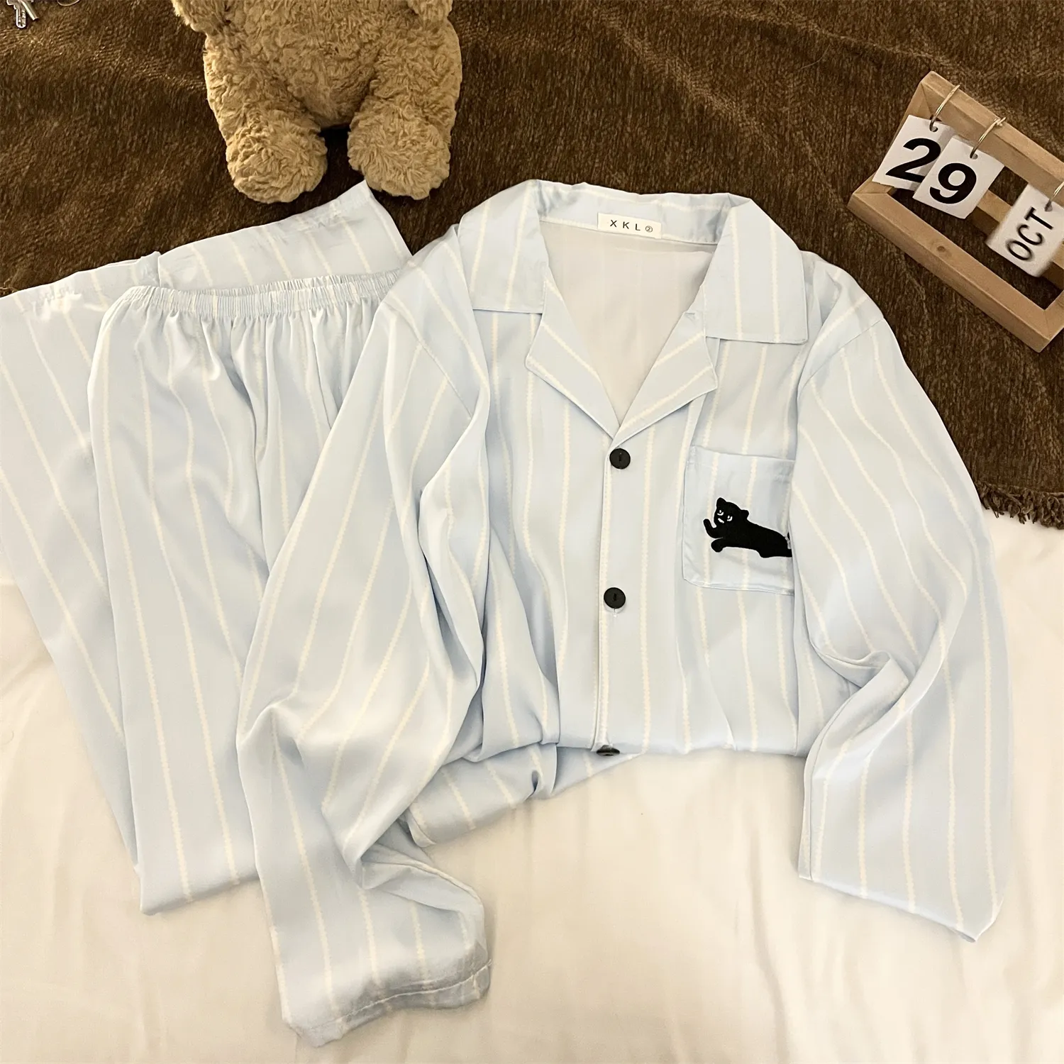 Couple Ice Silk Double Long #Sea Salt Black Cat Cute Spring Autumn Pajamas Women Long Sleeve Wearable Outside Homewear Set · Wholesale · OEM · Worldwide Shipping - Detail 7