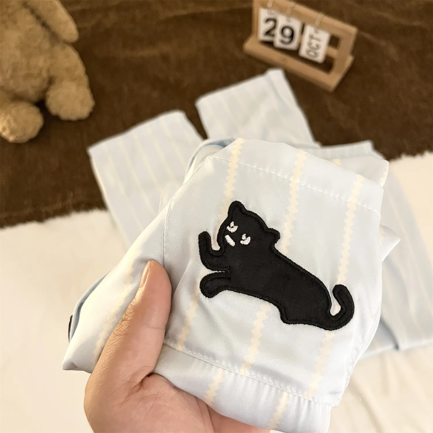 Couple Ice Silk Double Long #Sea Salt Black Cat Cute Spring Autumn Pajamas Women Long Sleeve Wearable Outside Homewear Set · Wholesale · OEM · Worldwide Shipping - View 4