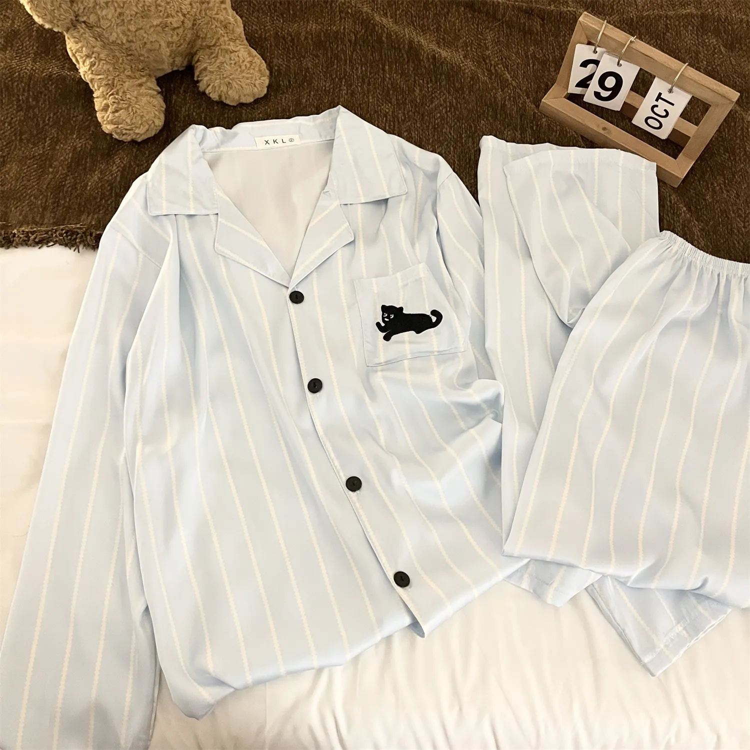 Couple Ice Silk Double Long #Sea Salt Black Cat Cute Spring Autumn Pajamas Women Long Sleeve Wearable Outside Homewear Set · Wholesale · OEM · Worldwide Shipping - View 2