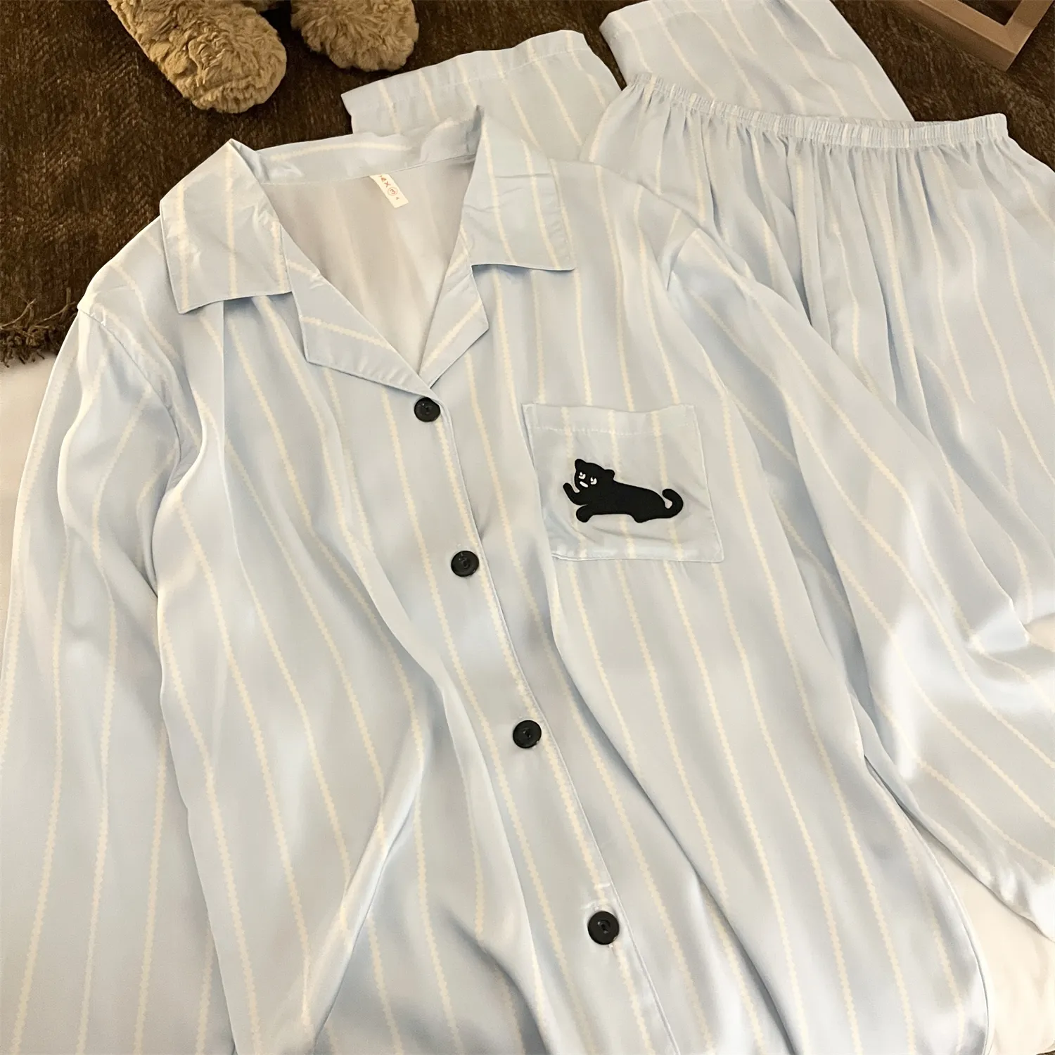 Couple Ice Silk Double Long #Sea Salt Black Cat Cute Spring Autumn Pajamas Women Long Sleeve Wearable Outside Homewear Set · Wholesale · OEM · Worldwide Shipping - Detail 14