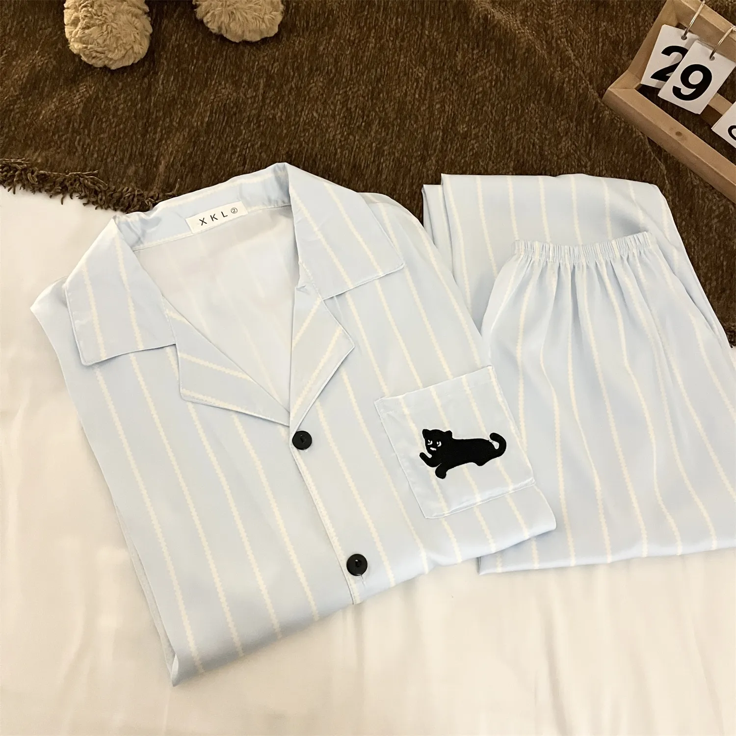 Couple Ice Silk Double Long #Sea Salt Black Cat Cute Spring Autumn Pajamas Women Long Sleeve Wearable Outside Homewear Set · Wholesale · OEM · Worldwide Shipping - Detail 9