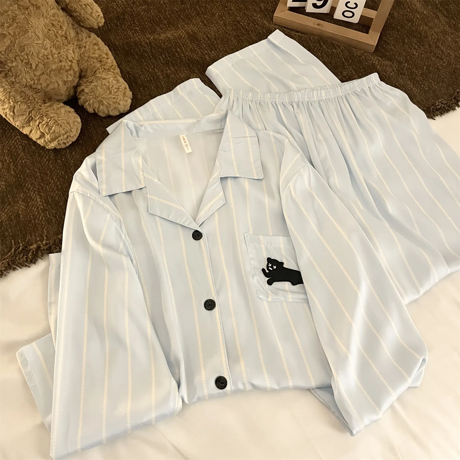 Couple Ice Silk Double Long #Sea Salt Black Cat Cute Spring Autumn Pajamas Women Long Sleeve Wearable Outside Homewear Set · Wholesale · OEM · Worldwide Shipping - Detail 13