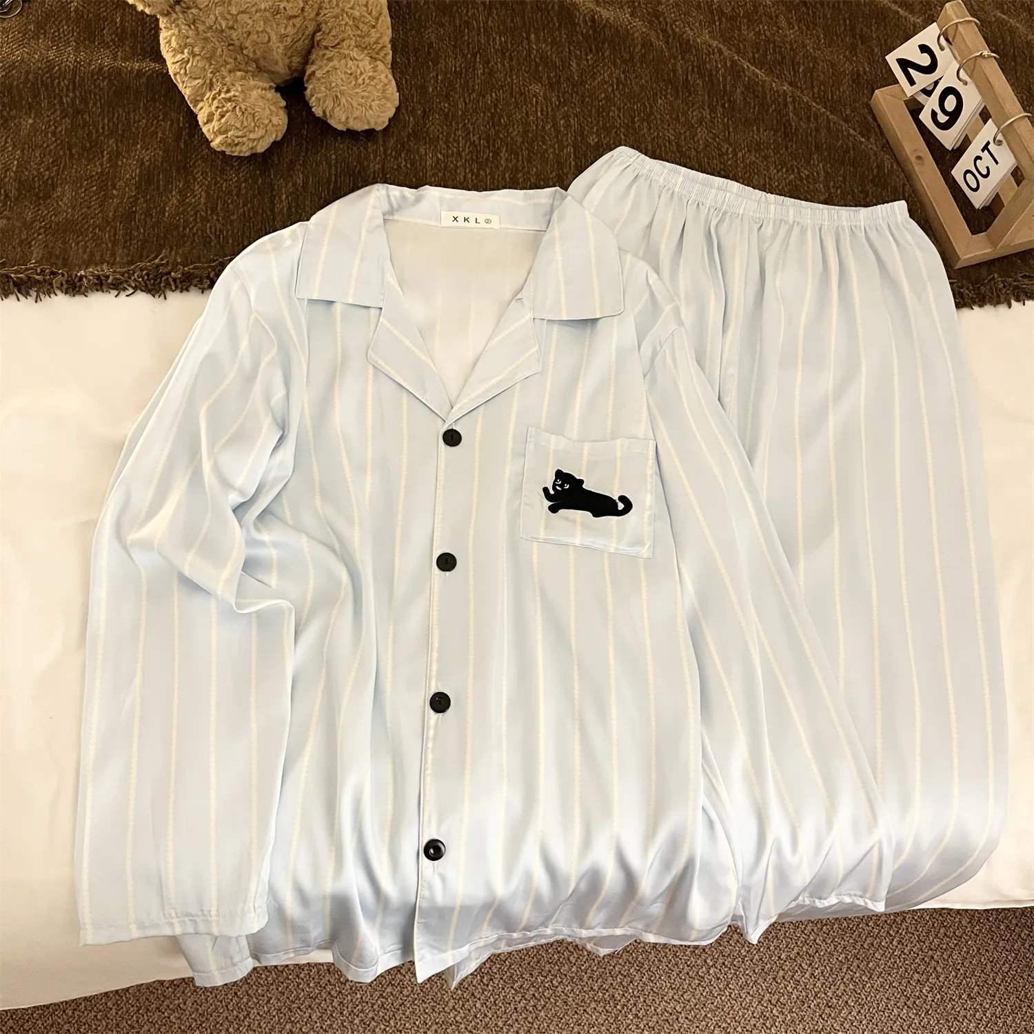 Couple Ice Silk Double Long #Sea Salt Black Cat Cute Spring Autumn Pajamas Women Long Sleeve Wearable Outside Homewear Set · Wholesale · OEM · Worldwide Shipping - Detail 6