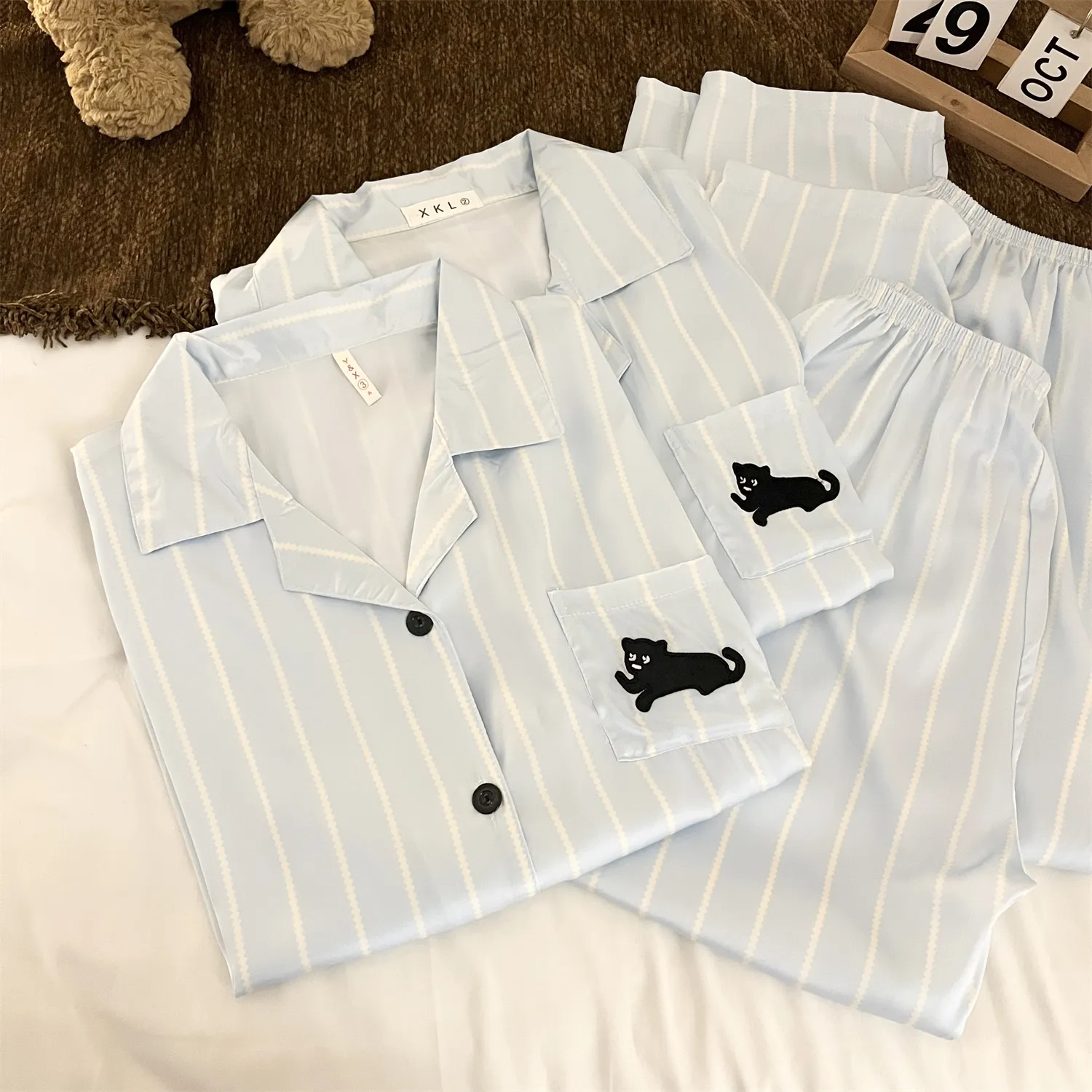 Couple Ice Silk Double Long #Sea Salt Black Cat Cute Spring Autumn Pajamas Women Long Sleeve Wearable Outside Homewear Set · Wholesale · OEM · Worldwide Shipping - Detail 5
