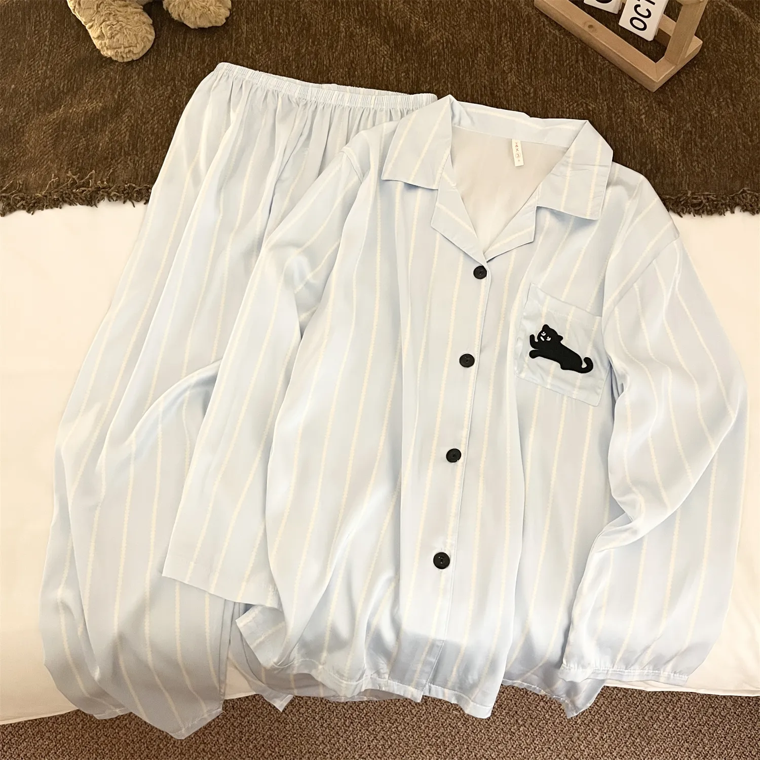 Couple Ice Silk Double Long #Sea Salt Black Cat Cute Spring Autumn Pajamas Women Long Sleeve Wearable Outside Homewear Set · Wholesale · OEM · Worldwide Shipping - Detail 12