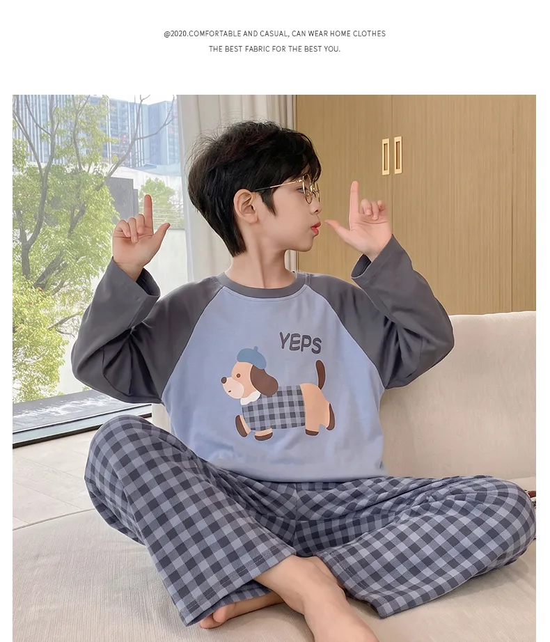 Boys' Pajamas New Pure Cotton Cartoon Plaid Fashionable Children's Long-Length Round Neck Pullover Wearable Outside Loungewear Set · Wholesale · OEM · Worldwide Shipping - Detail 12