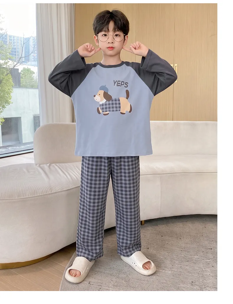 Boys' Pajamas New Pure Cotton Cartoon Plaid Fashionable Children's Long-Length Round Neck Pullover Wearable Outside Loungewear Set · Wholesale · OEM · Worldwide Shipping - Detail 11