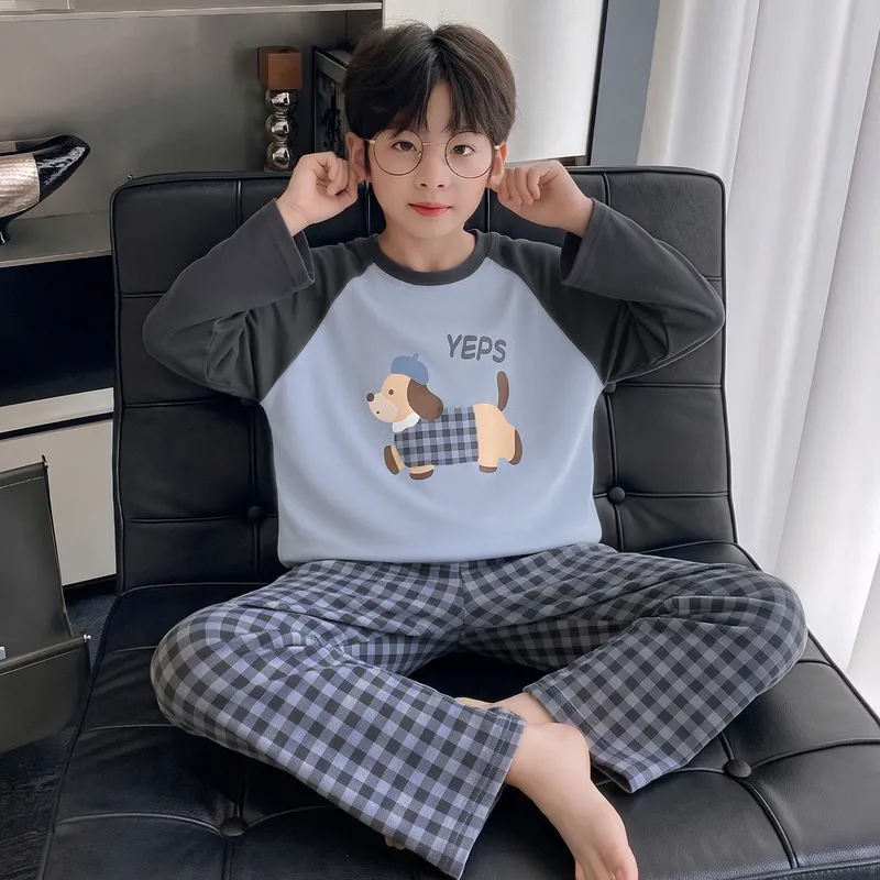 Boys' Pajamas New Pure Cotton Cartoon Plaid Fashionable Children's Long-Length Round Neck Pullover Wearable Outside Loungewear Set · Wholesale · OEM · Worldwide Shipping