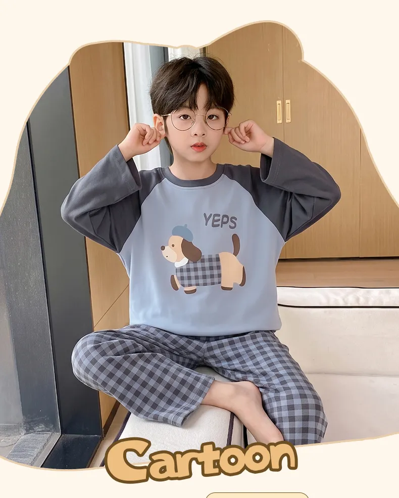 Boys' Pajamas New Pure Cotton Cartoon Plaid Fashionable Children's Long-Length Round Neck Pullover Wearable Outside Loungewear Set · Wholesale · OEM · Worldwide Shipping - Detail 4