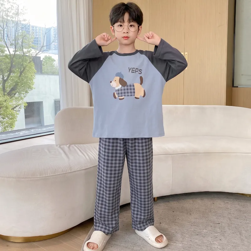 Boys' Pajamas New Pure Cotton Cartoon Plaid Fashionable Children's Long-Length Round Neck Pullover Wearable Outside Loungewear Set · Wholesale · OEM · Worldwide Shipping - View 3