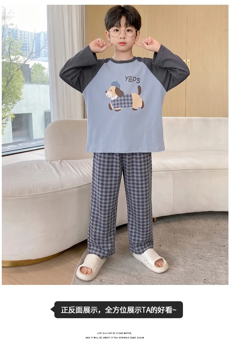 Boys' Pajamas New Pure Cotton Cartoon Plaid Fashionable Children's Long-Length Round Neck Pullover Wearable Outside Loungewear Set · Wholesale · OEM · Worldwide Shipping - Detail 14
