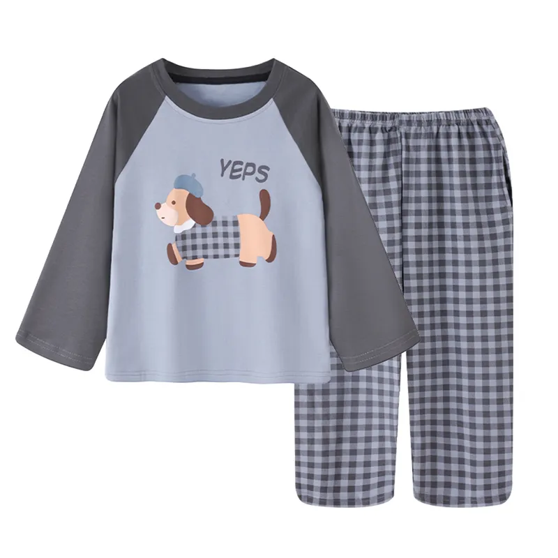 Boys' Pajamas New Pure Cotton Cartoon Plaid Fashionable Children's Long-Length Round Neck Pullover Wearable Outside Loungewear Set · Wholesale · OEM · Worldwide Shipping - View 4