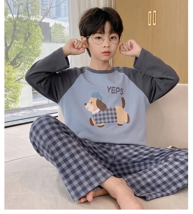 Boys' Pajamas New Pure Cotton Cartoon Plaid Fashionable Children's Long-Length Round Neck Pullover Wearable Outside Loungewear Set · Wholesale · OEM · Worldwide Shipping - Detail 13