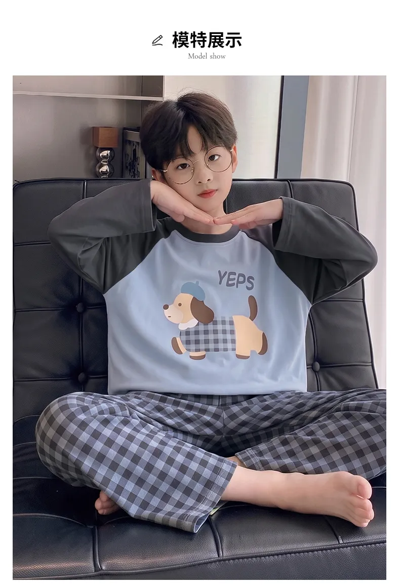 Boys' Pajamas New Pure Cotton Cartoon Plaid Fashionable Children's Long-Length Round Neck Pullover Wearable Outside Loungewear Set · Wholesale · OEM · Worldwide Shipping - Detail 10