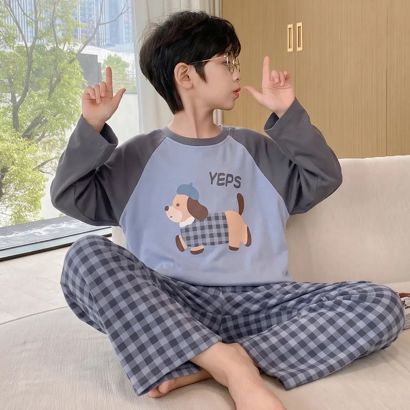Boys' Pajamas New Pure Cotton Cartoon Plaid Fashionable Children's Long-Length Round Neck Pullover Wearable Outside Loungewear Set · Wholesale · OEM · Worldwide Shipping - View 1