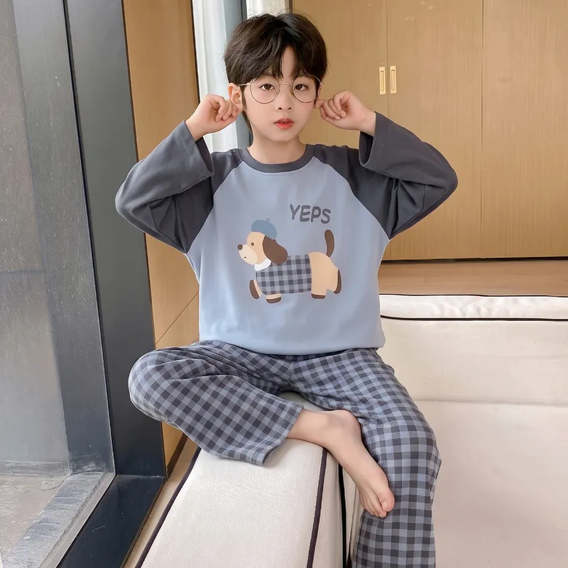 Boys' Pajamas New Pure Cotton Cartoon Plaid Fashionable Children's Long-Length Round Neck Pullover Wearable Outside Loungewear Set · Wholesale · OEM · Worldwide Shipping - View 2