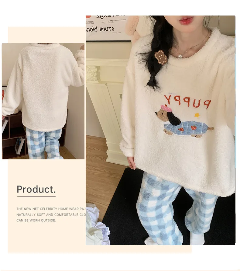 Set Pakaian Rumah Wanita Lengan Bulat Kartun Bulu Beras Musim Dingin Tebal Model Baru · Grosir · OEM · Pengiriman Global - Detail 8