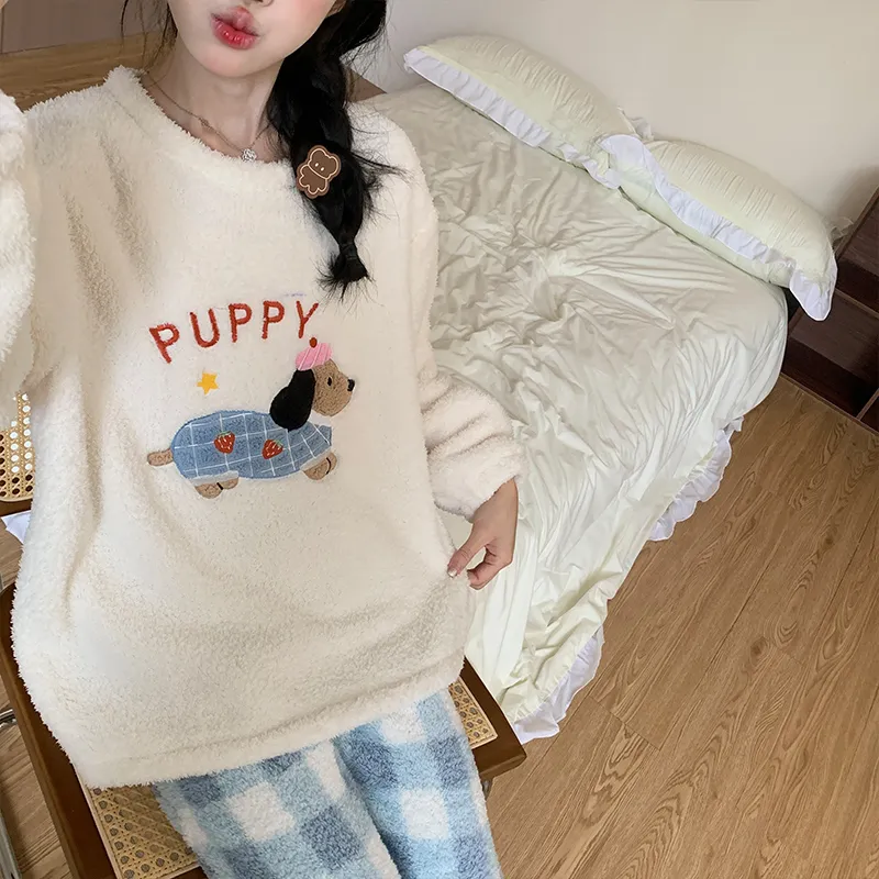 Set Pakaian Rumah Wanita Lengan Bulat Kartun Bulu Beras Musim Dingin Tebal Model Baru · Grosir · OEM · Pengiriman Global - View 4