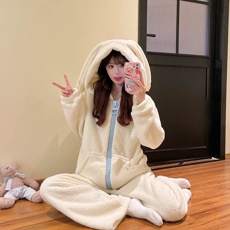 Set Pakaian Rumah Wanita Musim Dingin Model Baru dengan Hoodie Zipper Besar Bahan Shu Mi Fleece Berbulu Tebal