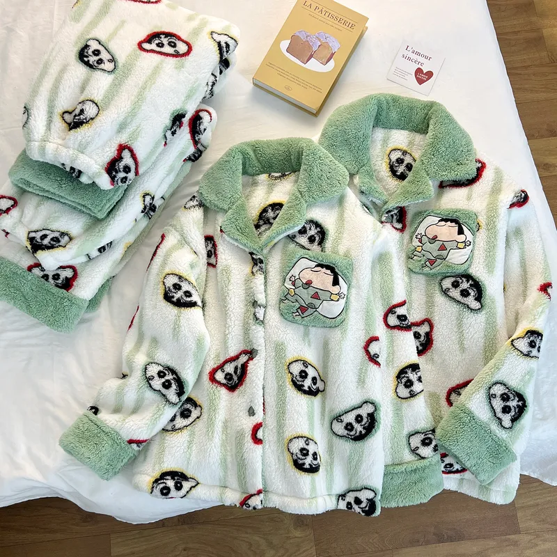 Winter New Long Plush Couple Cartoon Lapel Warm Pajamas Loungewear Set · Wholesale · OEM · Worldwide Shipping - View 1