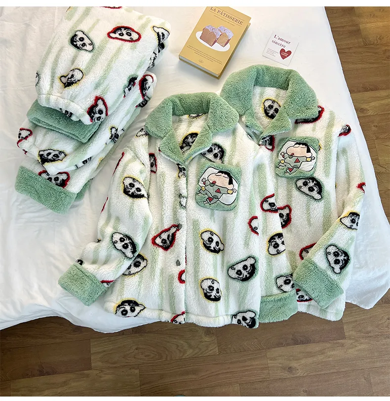 Winter New Long Plush Couple Cartoon Lapel Warm Pajamas Loungewear Set · Wholesale · OEM · Worldwide Shipping - Detail 4