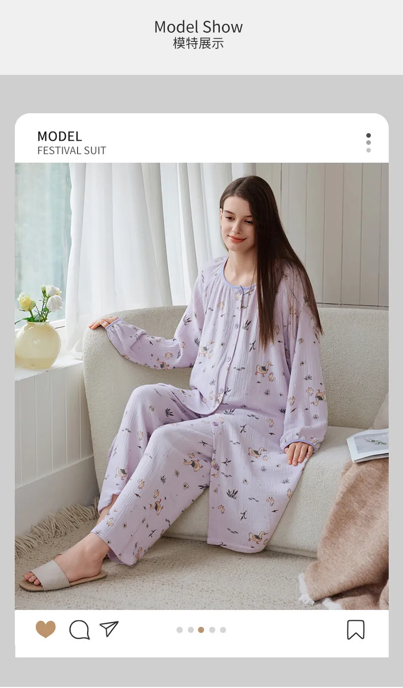 綿100%マタニティウェア 妊婦用コットンガーゼ 丸首 プリント ミディアム丈 出産準備 ナイトガウン 妊娠中 産後 授乳 ルームウェア · 卸売 · OEM · 世界へ発送 - Detail 11