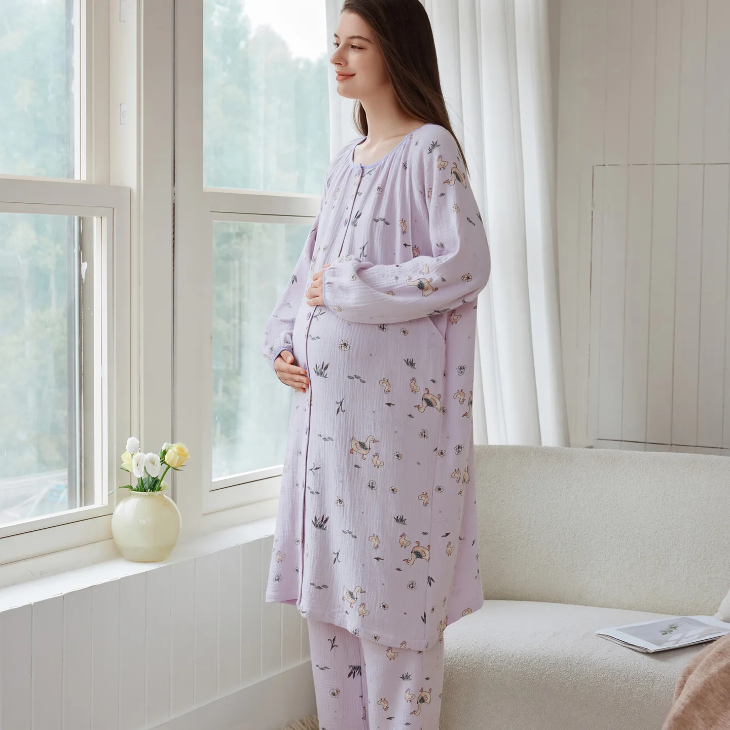 綿100%マタニティウェア 妊婦用コットンガーゼ 丸首 プリント ミディアム丈 出産準備 ナイトガウン 妊娠中 産後 授乳 ルームウェア · 卸売 · OEM · 世界へ発送 - View 3