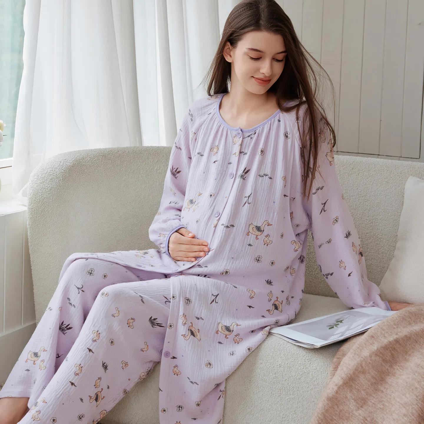 綿100%マタニティウェア 妊婦用コットンガーゼ 丸首 プリント ミディアム丈 出産準備 ナイトガウン 妊娠中 産後 授乳 ルームウェア · 卸売 · OEM · 世界へ発送 - View 1