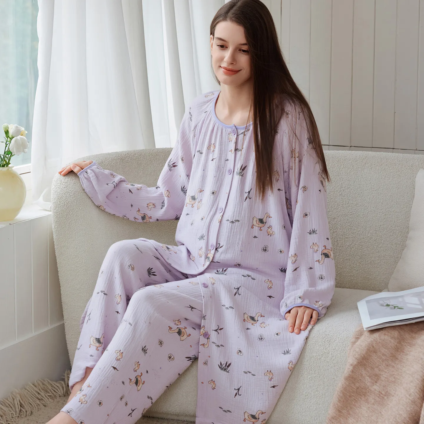 Gaun Tidur Hamil dan Menyusui Katun Murni Lengan Panjang Kerah Bulat Motif Lengan Panjang Maternity Pasca Melahirkan Pakaian Rumah Menyusui · Grosir · OEM · Pengiriman Global