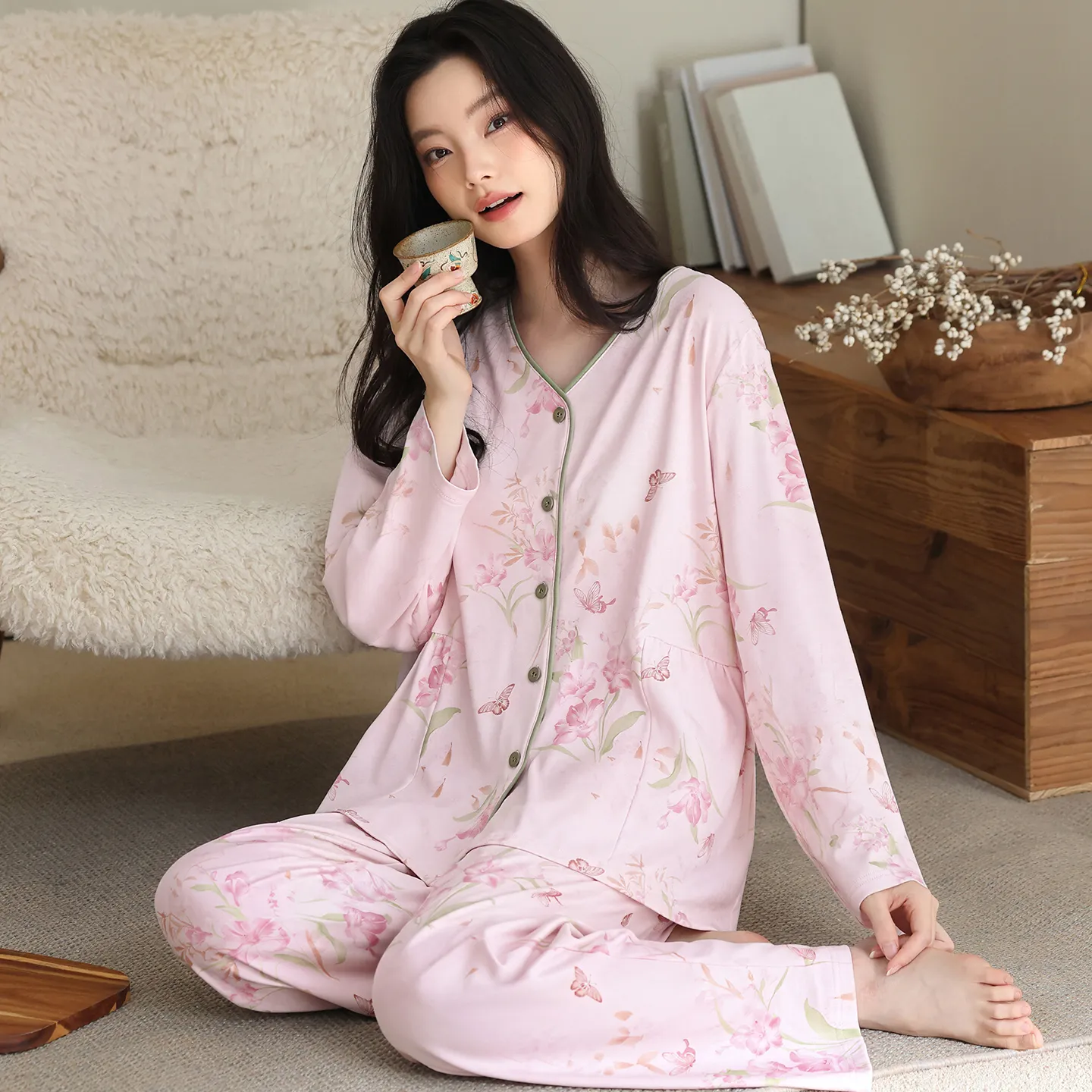 New Women's Fashion Pure Cotton New Chinese Style Floral V-Neck Cardigan Wearable Outside Loungewear Set · Wholesale · OEM · Worldwide Shipping - Detail 1