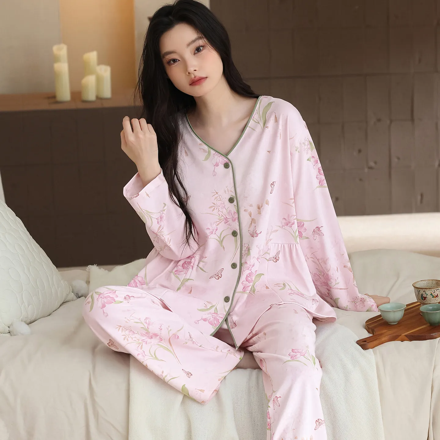 New Women's Fashion Pure Cotton New Chinese Style Floral V-Neck Cardigan Wearable Outside Loungewear Set · Wholesale · OEM · Worldwide Shipping