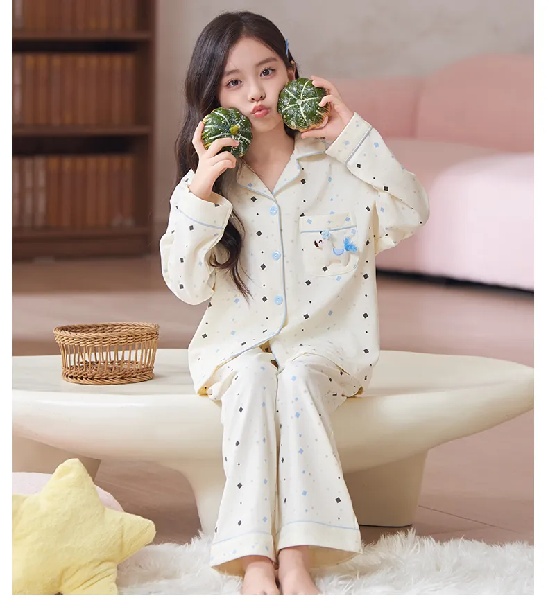 New Children's Pajamas Pure Cotton Cartoon Girls Long Sleeve Long Pants Cute Lapel Cardigan Outer Wear Loungewear Set · Wholesale · OEM · Worldwide Shipping - Detail 12