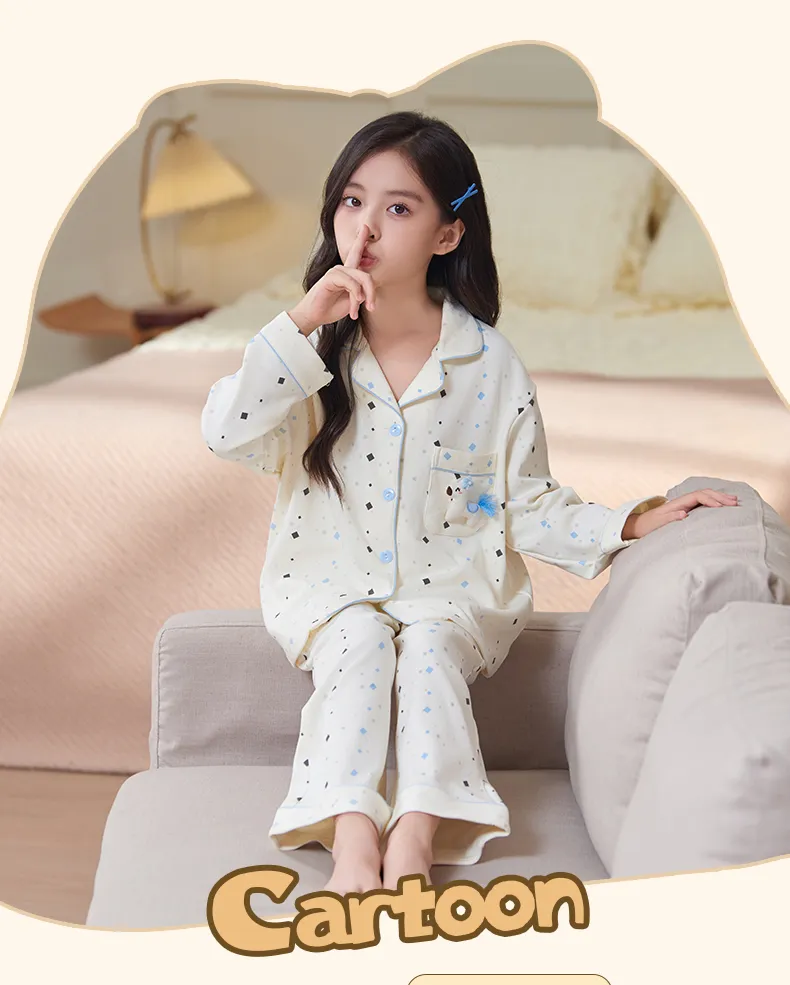 New Children's Pajamas Pure Cotton Cartoon Girls Long Sleeve Long Pants Cute Lapel Cardigan Outer Wear Loungewear Set · Wholesale · OEM · Worldwide Shipping - Detail 3