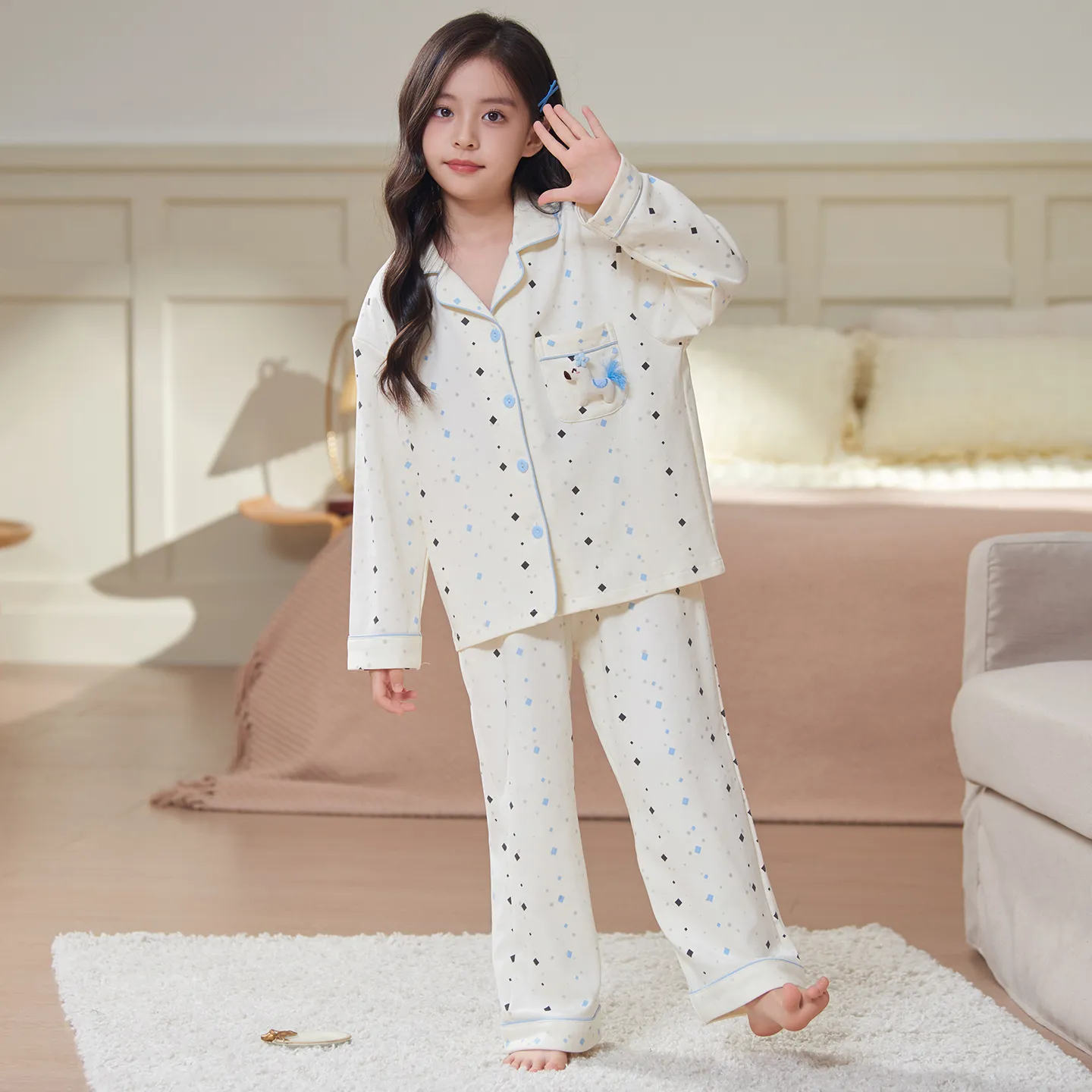 New Children's Pajamas Pure Cotton Cartoon Girls Long Sleeve Long Pants Cute Lapel Cardigan Outer Wear Loungewear Set · Wholesale · OEM · Worldwide Shipping - View 3