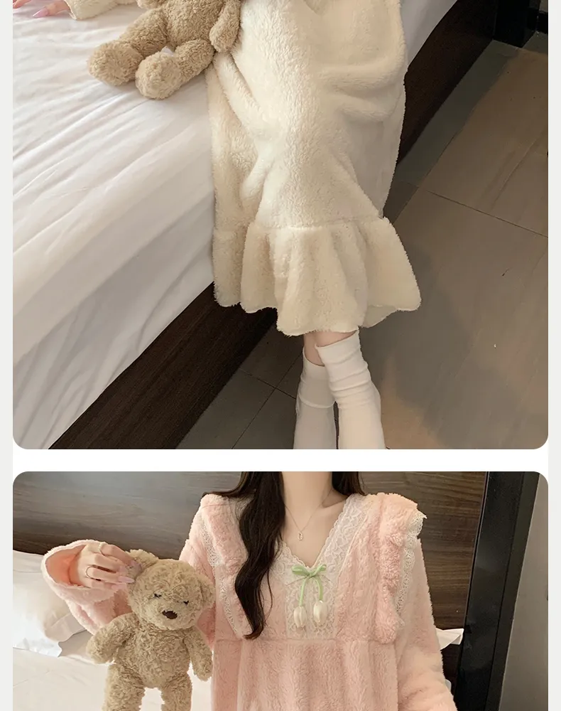 Women's Pajamas Winter New Long Plush Nightdress Korean Style Loose Plus Size 125kg Wearable Loungewear M-5XL · Wholesale · OEM · Worldwide Shipping - Detail 11