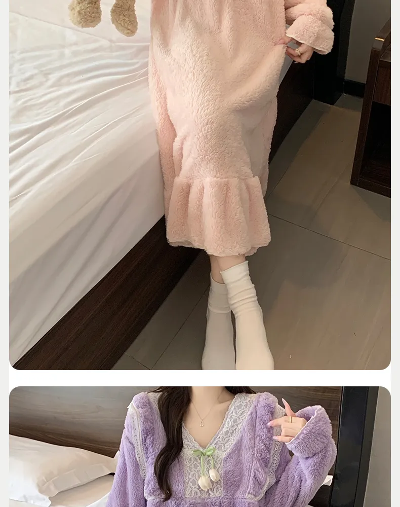 Women's Pajamas Winter New Long Plush Nightdress Korean Style Loose Plus Size 125kg Wearable Loungewear M-5XL · Wholesale · OEM · Worldwide Shipping - Detail 12