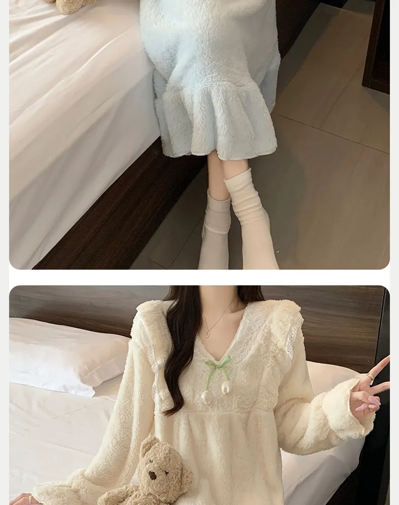 Women's Pajamas Winter New Long Plush Nightdress Korean Style Loose Plus Size 125kg Wearable Loungewear M-5XL · Wholesale · OEM · Worldwide Shipping - Detail 10