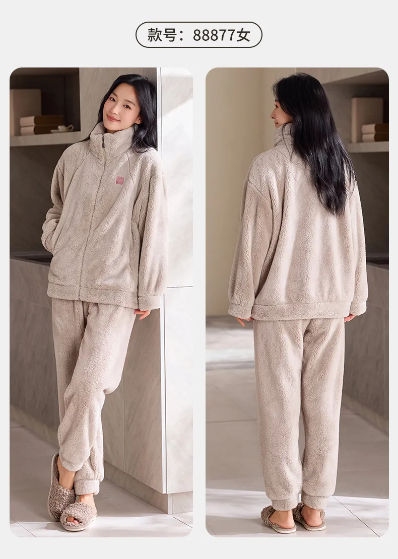 New Couple's Cozy Fleece Long-Length Thickened Warm Sporty Stand-Collar Zip-Up Wearable-Outside Loungewear Set · Wholesale · OEM · Worldwide Shipping - Detail 14