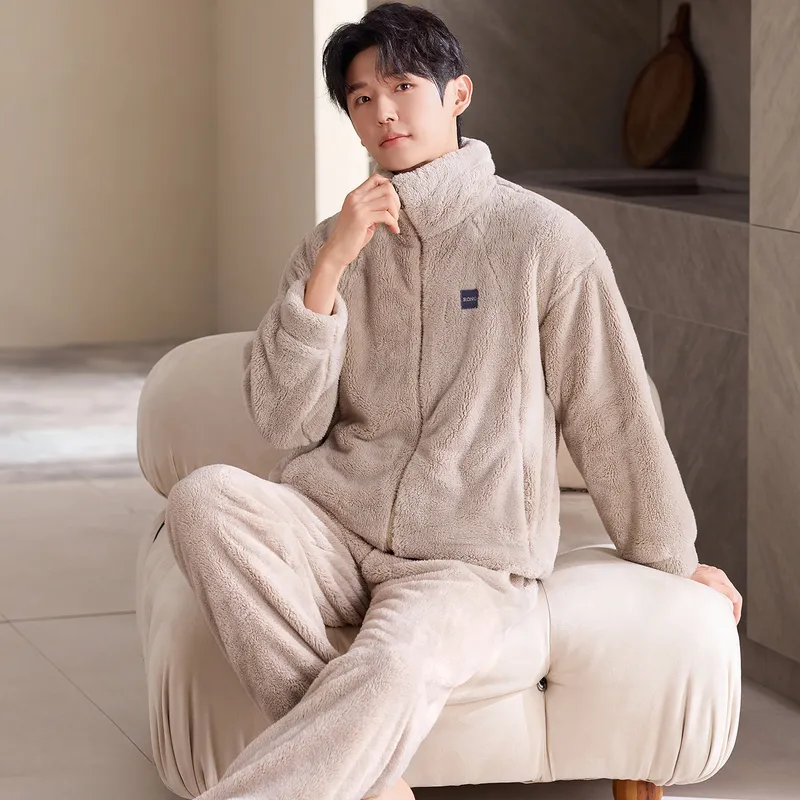 New Coral Fleece Long-Length Thickened Warm Men's Sporty Stand-Collar Zipper Wearable Outside Loungewear Set · Wholesale · OEM · Worldwide Shipping