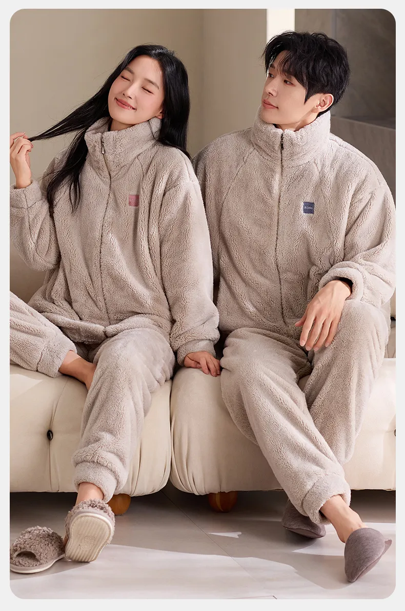 New Couple's Cozy Fleece Long-Length Thickened Warm Sporty Stand-Collar Zip-Up Wearable-Outside Loungewear Set · Wholesale · OEM · Worldwide Shipping - Detail 13