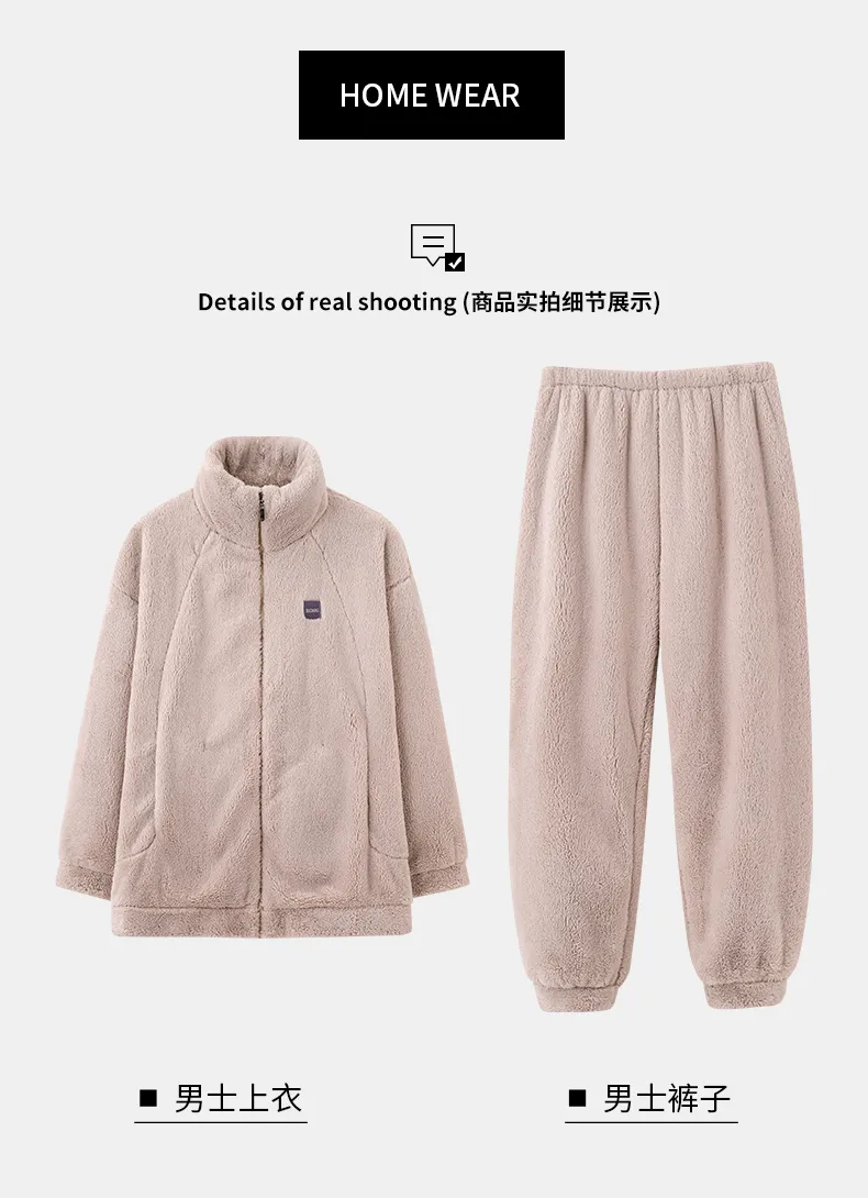 New Couple's Cozy Fleece Long-Length Thickened Warm Sporty Stand-Collar Zip-Up Wearable-Outside Loungewear Set · Wholesale · OEM · Worldwide Shipping - Detail 16